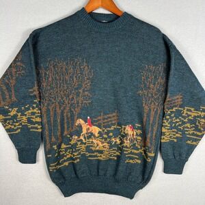 VTG Fox Hunting Sweater Fits M Hunter Horse Dog Equestrian Wool 1990s Made in UK
